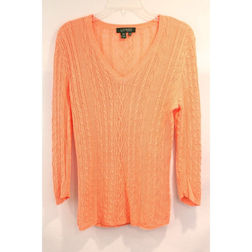 Lauren Ralph Lauren Sweater Womens size M Orange 100% Linen V-Neck Cable Knit